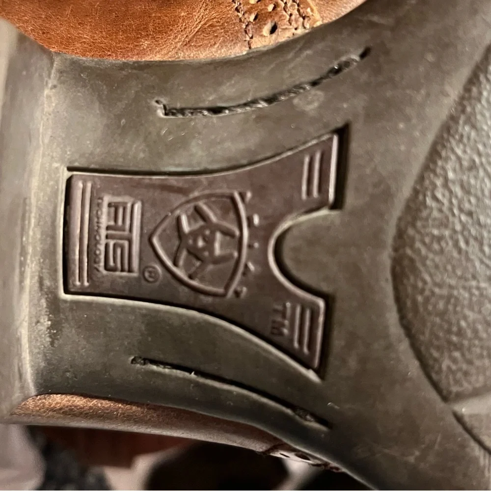 BROWN BOOTS SQUARE TOE RIDING HEEL LADY 8 MEN 7D ARIAT SPUR SHELF STITCH UNISEX - Picture 13 of 15